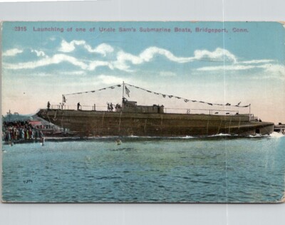 Launching of One of Uncle Sam's Submarine, Bridgeport Conn Vintage Postcard Wpc7