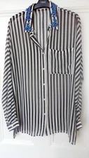 True Decadence Black And White Striped Shirt With Beaded Collar Size 14