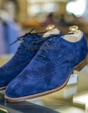 Handmade Men's Leather New Royal Blue Suede Wingtip Royal Blue Formal Shoes-145