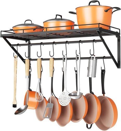 Inch wall mounted pot rack storage rack, including 2 level rail hooks,