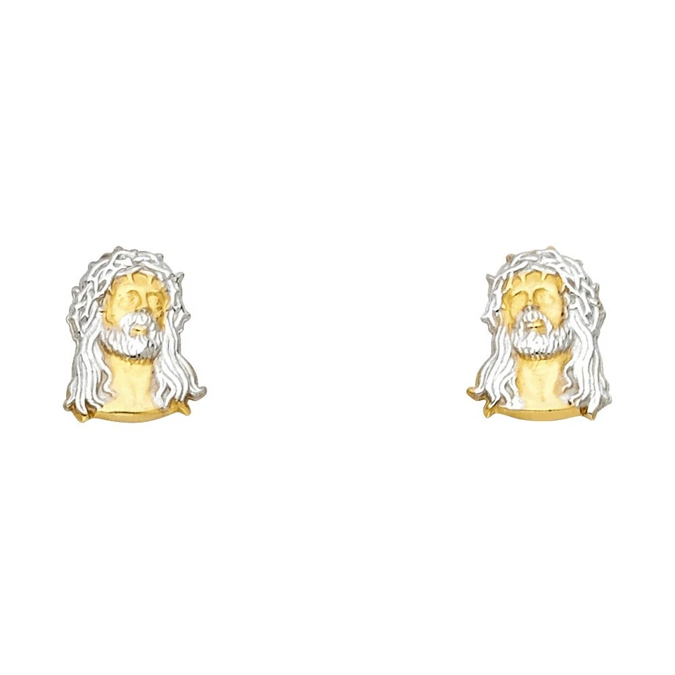 14K Two Tone Gold Jesus Face Post Earrings For Girl - Image 2 of 4