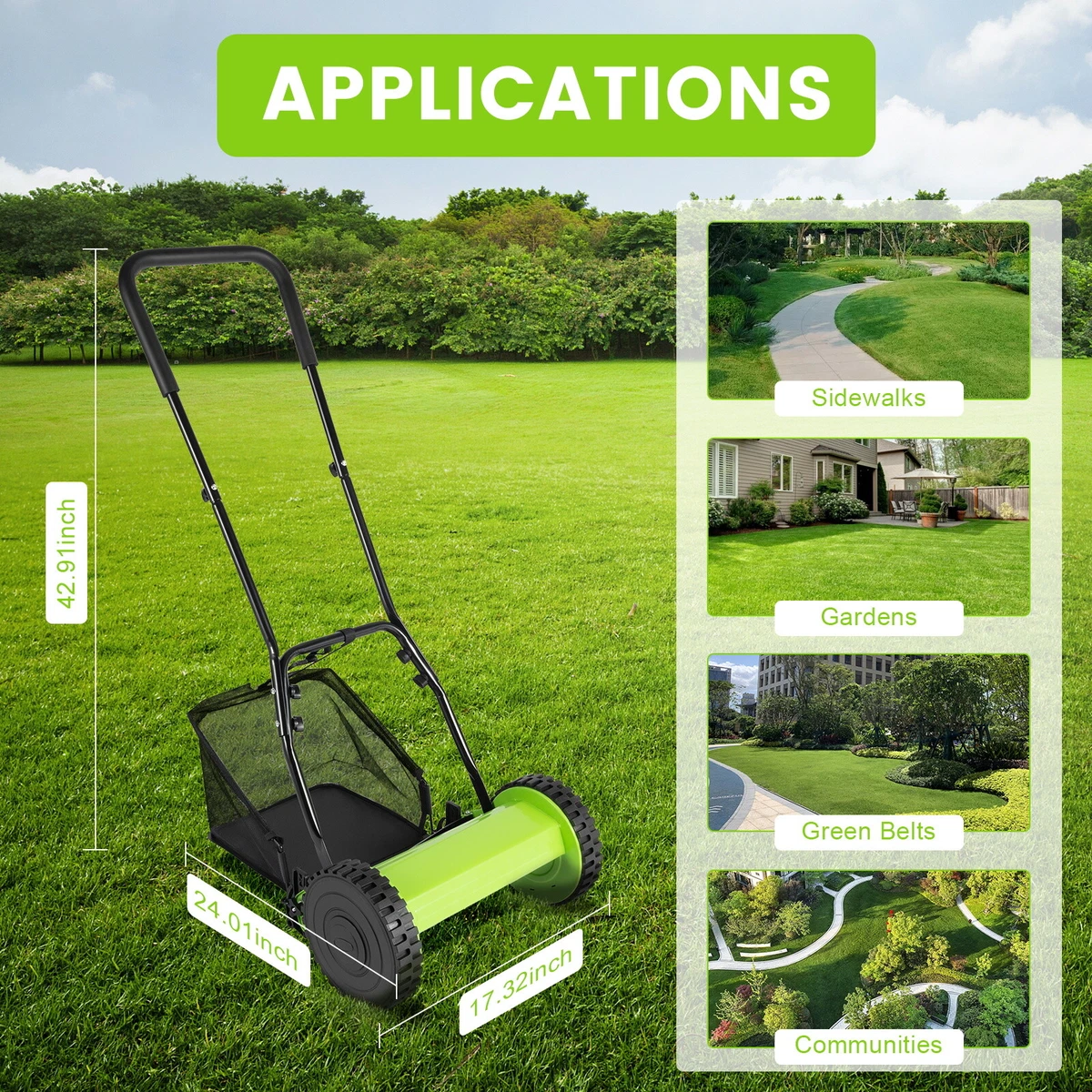 5-Blade Dual Wheel Lawn Mower Walk Behind Manual Push Reel Grass Cutting  Machine