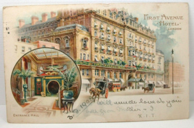 Postkarte First Avenue Hotel London, Eingangshalle; P/Mark 1905; Adresse Bearsted
