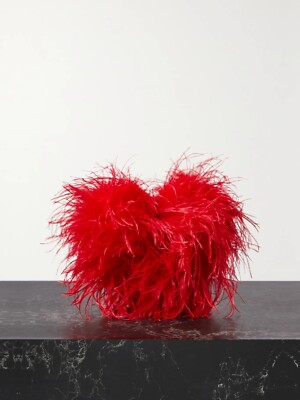 Alexander Wang Heart Pillow Ostrich Feathers Trimmed Satin Clutch Handbag