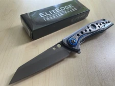 ElitEdge 7.95" Overall Blue Spring Assist Folding Camping Pocket Knife EDC