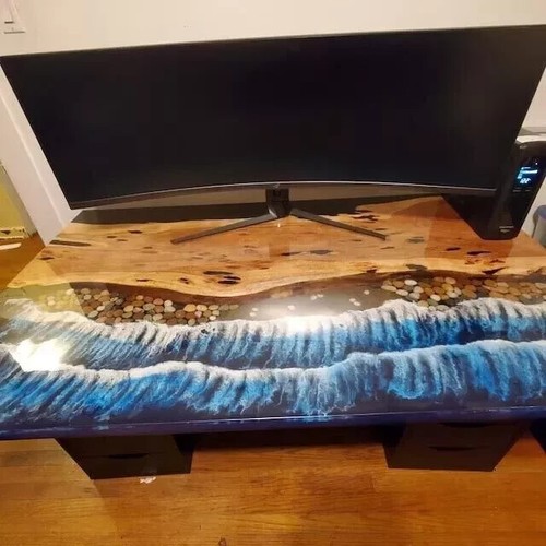 Rectangle Ocean Wave Epoxy Dining Table Acacia Wooden Live Edge Walnut ...