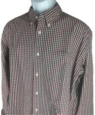 Lands End Mens Tailored Fit 17/ 34 Micro Plaid Button Down Dress Shirt Red 