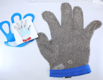 U Safe Five Finger Chain Mail Stainless mesh Protective Glove Blue  Strap Large