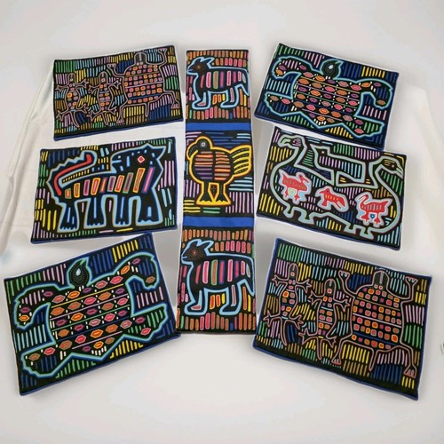 Rare Mola Style Southwest Folk Art Fabric Placemat Set &  Table Runner Animals 