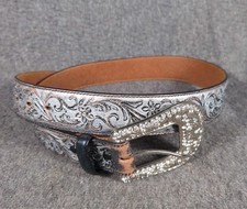 JUSTIN Vtg Western Belt Leather Unisex Brown Tooled Silver Concho Buckle Sz 34