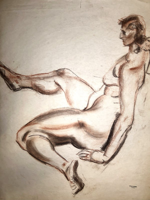 Sitting Female Figure Bertram Hartman 20th C. NYC Artist Conte Drawing