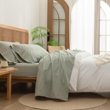 BESTOUCH Sheet Set 100 Washed Cotton Linen Feel Super Soft Queen, Sage Green