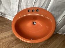 Vtg 19x16 Cast Iron Tiger Lily Orange Porcelain Oval Self Rimming Drop In Sink 2
