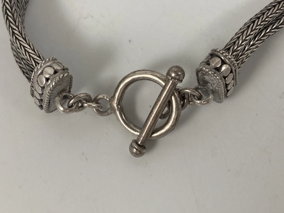 STERLING SILVER THREE ROW CHAIN DOTS BAR TOGGLE BRACELET 8" - Image 4 of 4