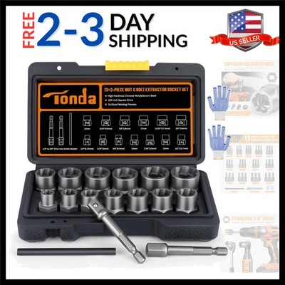 Bolt Extractor Kit, 16-Piece Stripped Bolt Remover Socket Set with 3/8'' Drive...