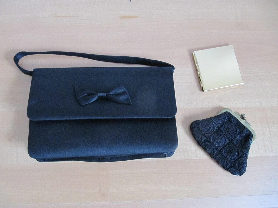Abendtasche Theatertasche Clutch  Satin schwarz Schleife Vintage, Spiegel, Retro - Bild 1 von 4