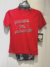 Under Armour Boys Logo T-Shirt  tech print Shorts Set Outfit Red Sz 6 40 NWT