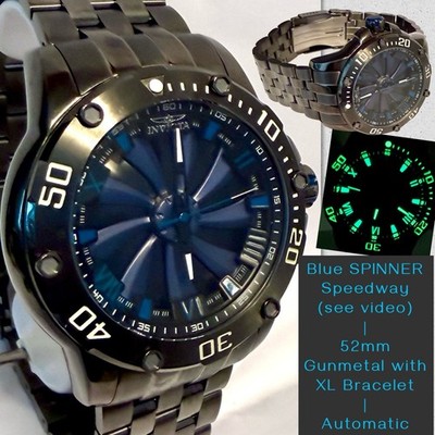 52mm Auto | Blue SPINNER (video) | Gunmetal XL Bracelet | Invicta Speedway Watch