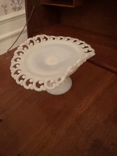 Fenton Milk Glass Cake Stand Lacy Scrolled Edge Vintage Pedestal