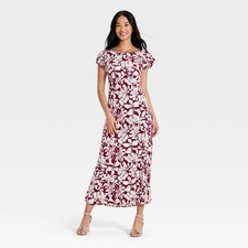 Women's Puff Short Sleeve Floral Maxi Dress - A New Day Maroon S