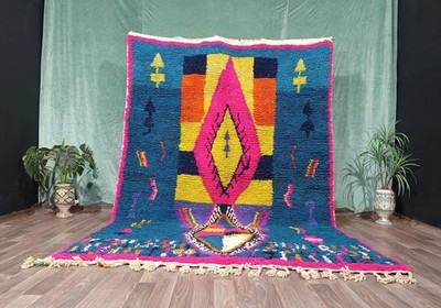 Modern Moroccan Berber Wool Rug Color Blue Multi Handmade Design Area Carpet Rug