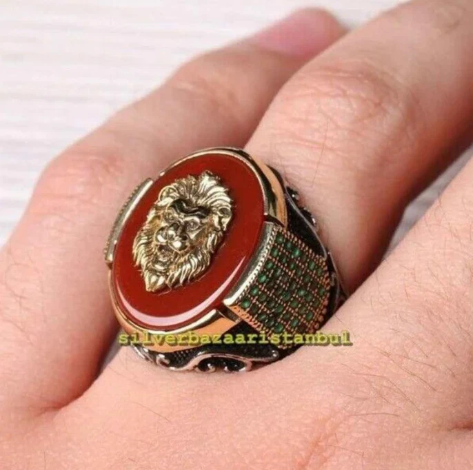 Anillo hecho a mano de plata esterlina 925k piedra roja Aqeeq cabeza de león para hombre regalo 002 Foto 2 de 4