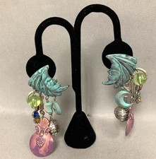 Vintage Lunch at the Ritz Blue Green Moon Beaded Charm Fringe Earrings 3.5"