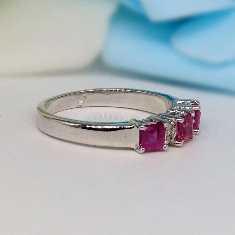 Natural Ruby and Moissanite 925 Sterling Silver Women Half Eternity Band Ring - Image 2 of 4