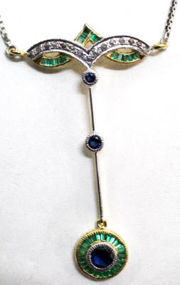 0.70ct Rose Cut Diamond Silver 925 Silver Sapphire Emerald Antique Look Pendant