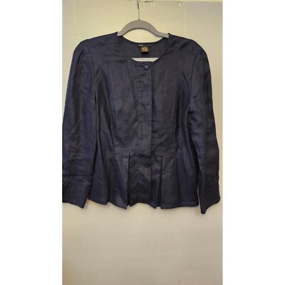 Grace Elements Linen Blazer Jacket Blue Size 10 Hidden Button Lightweight