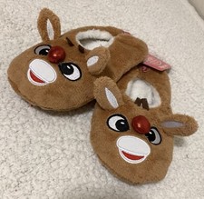 Christmas Holiday Plush Brown Rudolph Slippers Size Medium