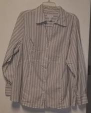 VINTAGE Charter Club Button Up Long Sleeve Striped V Neck Shirt Size 18W WHITE