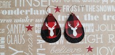 Handmade Deer Buffalo Check Plaid Faux Leather Earrings, Festive Holiday 