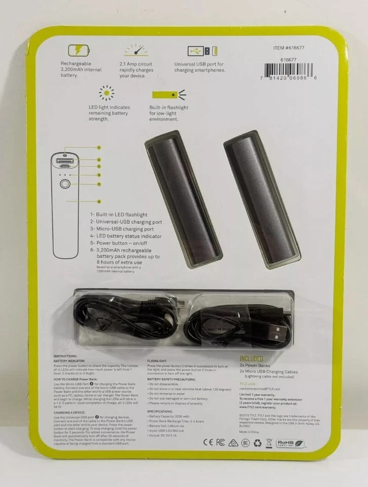 Paquete de 2 cables cargadores de banco de alimentación portátil TYLT USB 3200 mAh Foto 2 de 2