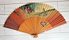 Beautiful Colonial Antique Large Hand Painted Folding Fan Ombre Wood and cloth