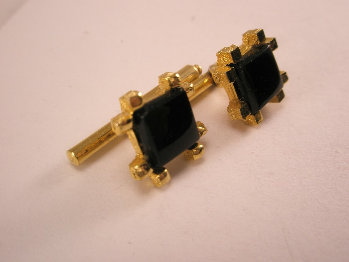 SINGLES (2) 7/16" Black Square Gold Tone Vintage Formal Groom Tuxedo Studs b204 View 4