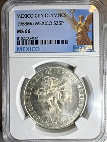 1968Mo Mexico Silver 25 Pesos NGC MS66 Mexico City Olympics evn'O Straight Snake
