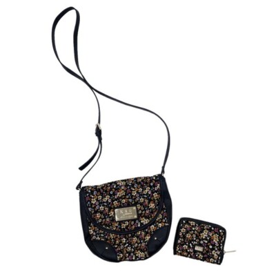 MNG By Mango Black Ditsy Floral Corduroy Shoulder Bag & Wallet Retro 90s Grunge