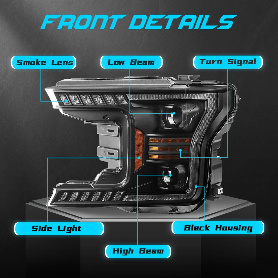 For 2018-2020 Ford F150 F-150 LED Bar Projector Smoke Headlights LH & RH Foto 3 de 4