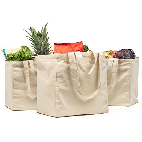 Pack Reusable Canvas Grocery Shopping Bags w/ Handles Foldable Tote Bags