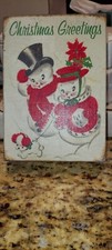 vintage wooden Christmas greetings picture snowman,snowoman dog.