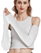  Wool Blend Warm Arm Warmers Super Soft Long Fingerless Gloves for Women White