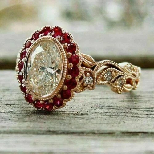 3Ct Oval Cut Lab Created Diamond & Red Ruby Engagement Ring 14K Rose Gold Plated - Image 2 of 4