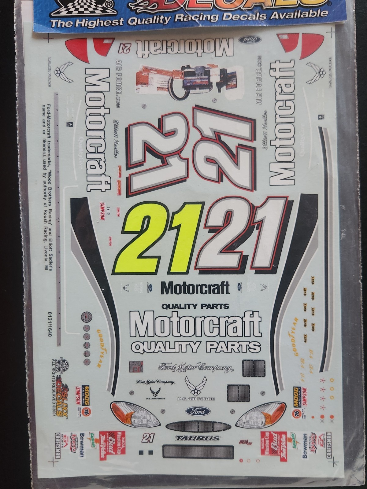 2001 Elliott Sadler #21 Motorcraft Ford 1:24 Decal - Slixx Waterslide Decals
