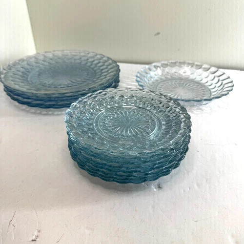 1940s Blue Bubble Glass Dessert Plates Set Vtg Anchor Hocking Texture Clear Blue