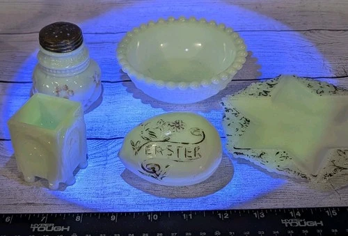 Antique Victorian Milk Glass 365 Reactive Lot Easter Egg Toothpick Shaker Bowl