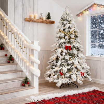 5/6/7/8 Ft Prelit Snow Flocked Artificial Christmas Tree Winter Indoor Decorate