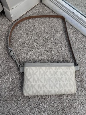 Michael Kors MK Monogram Small Shoulder Bag Zip Closure Adjustable Strap White