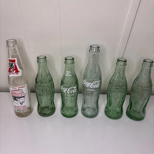 Antique Vintage Lot Of 6 Coke Glass Bottles Including Crimson Tide Bottle & More