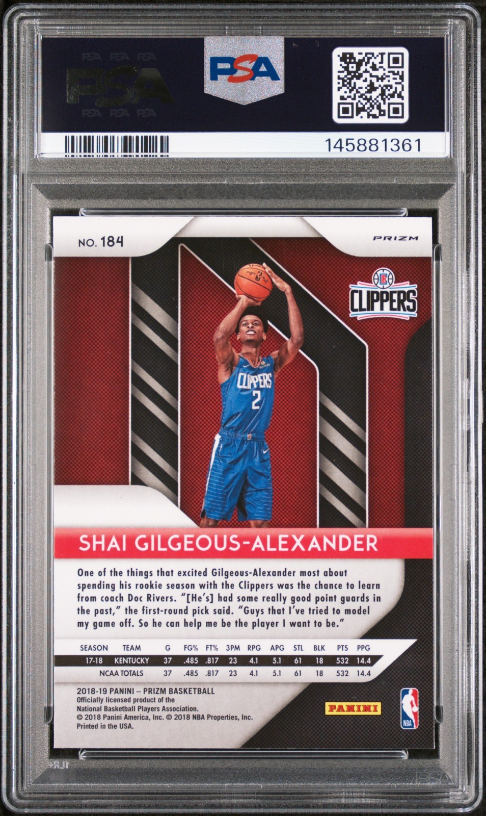 SHAI GILGEOUS-ALEXANDER 2018 PRIZM RWB RC #184 PSA 10 GEM MINT! MVP SN#145881361 view 2